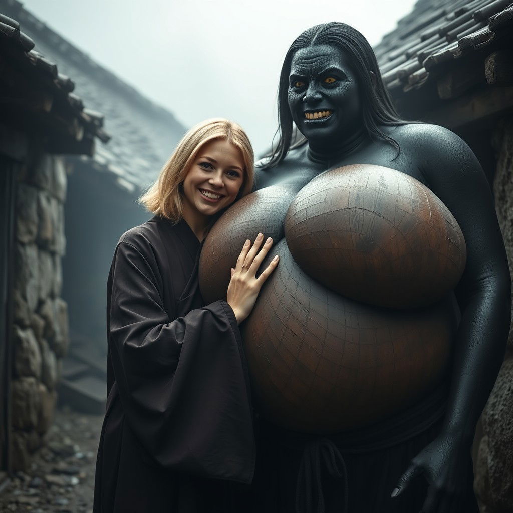 In a spooky, impoverished medieval village, a very happy young blonde woman, 19 years old, with medium-length hair, wearing a closed long noble Buddhist robe