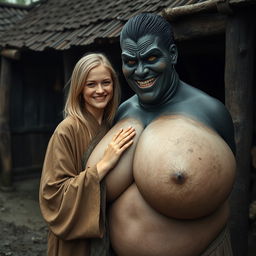 In a spooky, impoverished medieval village, a very happy young blonde woman, 19 years old, with medium-length hair, wearing a closed long noble Buddhist robe