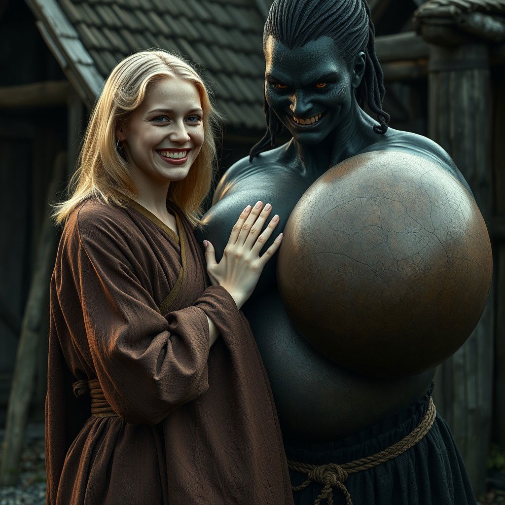 In a spooky, impoverished medieval village, a very happy 19-year-old blonde woman with medium-length hair, wearing a closed long noble Buddhist robe