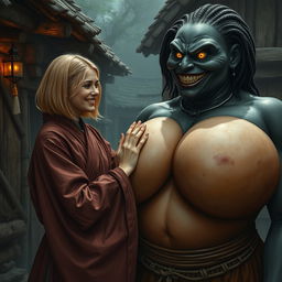 In a spooky, impoverished medieval village, a very happy 19-year-old blonde woman with medium-length hair, wearing a closed long noble Buddhist robe