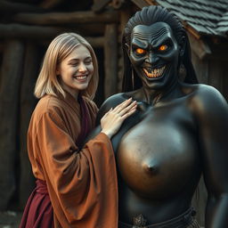 In a spooky, impoverished medieval village, a very happy 19-year-old blonde woman with medium-length hair, wearing a closed long noble Buddhist robe
