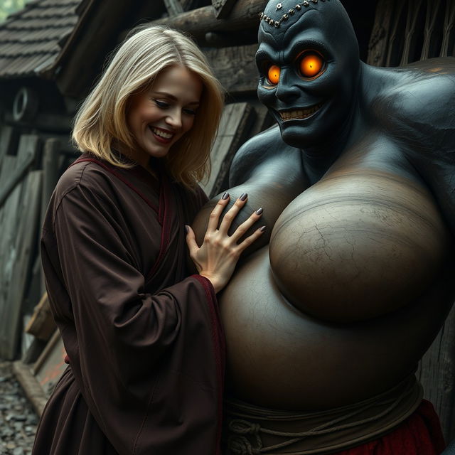 In a spooky, impoverished medieval village, a very happy 19-year-old blonde woman with medium-length hair, wearing a closed long noble Buddhist robe