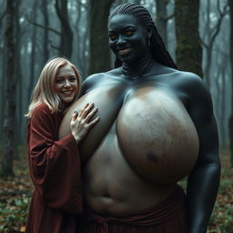 In a haunting medieval forest, a very happy young blonde woman, 19 years old, with medium-length hair, wearing a long, fully closed noble Buddhist robe