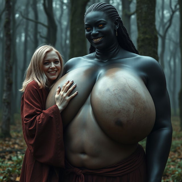 In a haunting medieval forest, a very happy young blonde woman, 19 years old, with medium-length hair, wearing a long, fully closed noble Buddhist robe