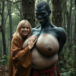 In a haunting medieval forest, a very happy young blonde woman, 19 years old, with medium-length hair, wearing a long, fully closed noble Buddhist robe