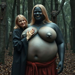 In a haunting medieval forest, a very happy young blonde woman, 19 years old, with medium-length hair, wearing a long, fully closed noble Buddhist robe