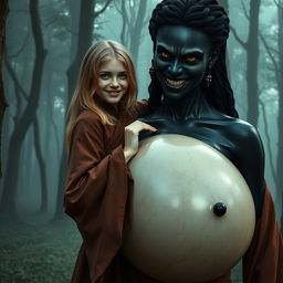 In a haunted medieval forest, a very happy 19-year-old thin blonde girl with medium-length hair clad in a closed, long, noble Buddhist robe