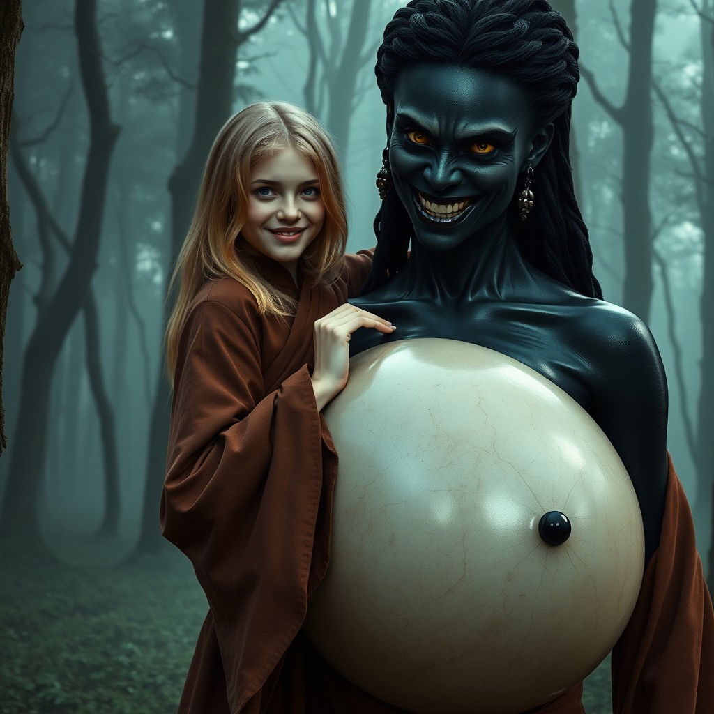 In a haunted medieval forest, a very happy 19-year-old thin blonde girl with medium-length hair clad in a closed, long, noble Buddhist robe