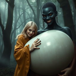 In a haunted medieval forest, a very happy 19-year-old thin blonde girl with medium-length hair clad in a closed, long, noble Buddhist robe