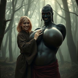 In a haunted medieval forest, a very happy 19-year-old thin blonde girl with medium-length hair clad in a closed, long, noble Buddhist robe