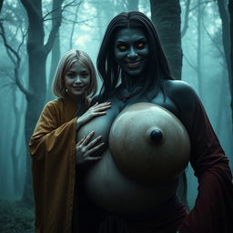 In a haunted medieval forest, a very happy 19-year-old thin blonde girl with medium-length hair clad in a closed, long, noble Buddhist robe