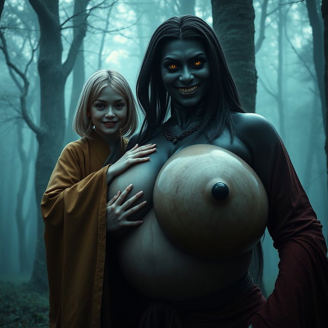 In a haunted medieval forest, a very happy 19-year-old thin blonde girl with medium-length hair clad in a closed, long, noble Buddhist robe