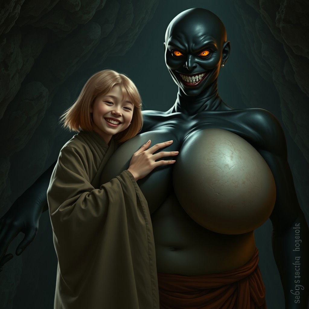 In a haunted medieval cave, a very happy 19-year-old thin blonde girl with medium-length hair clad in a closed, long, noble Buddhist robe