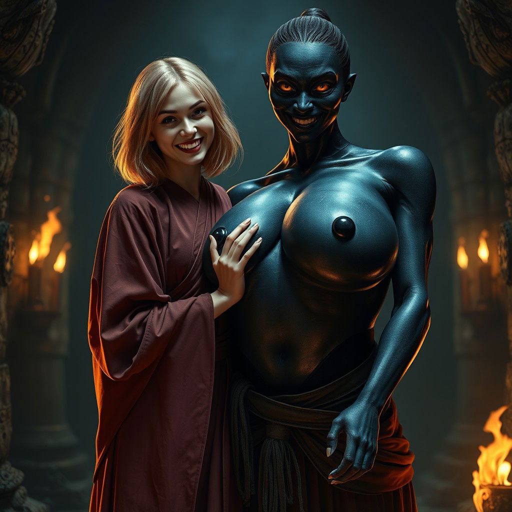 In a haunted medieval dungeon, a very happy 19-year-old thin blonde girl with medium-length hair is dressed in a long, closed, noble Buddhist robe