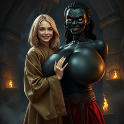 In a haunted medieval dungeon, a very happy 19-year-old thin blonde girl with medium-length hair is dressed in a long, closed, noble Buddhist robe