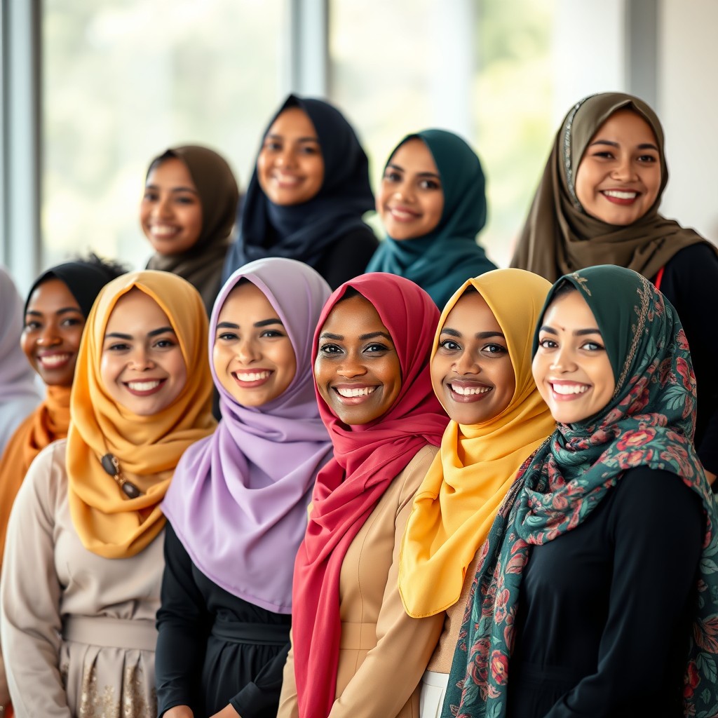 A collection of beautiful, smiling women wearing colorful hijabs