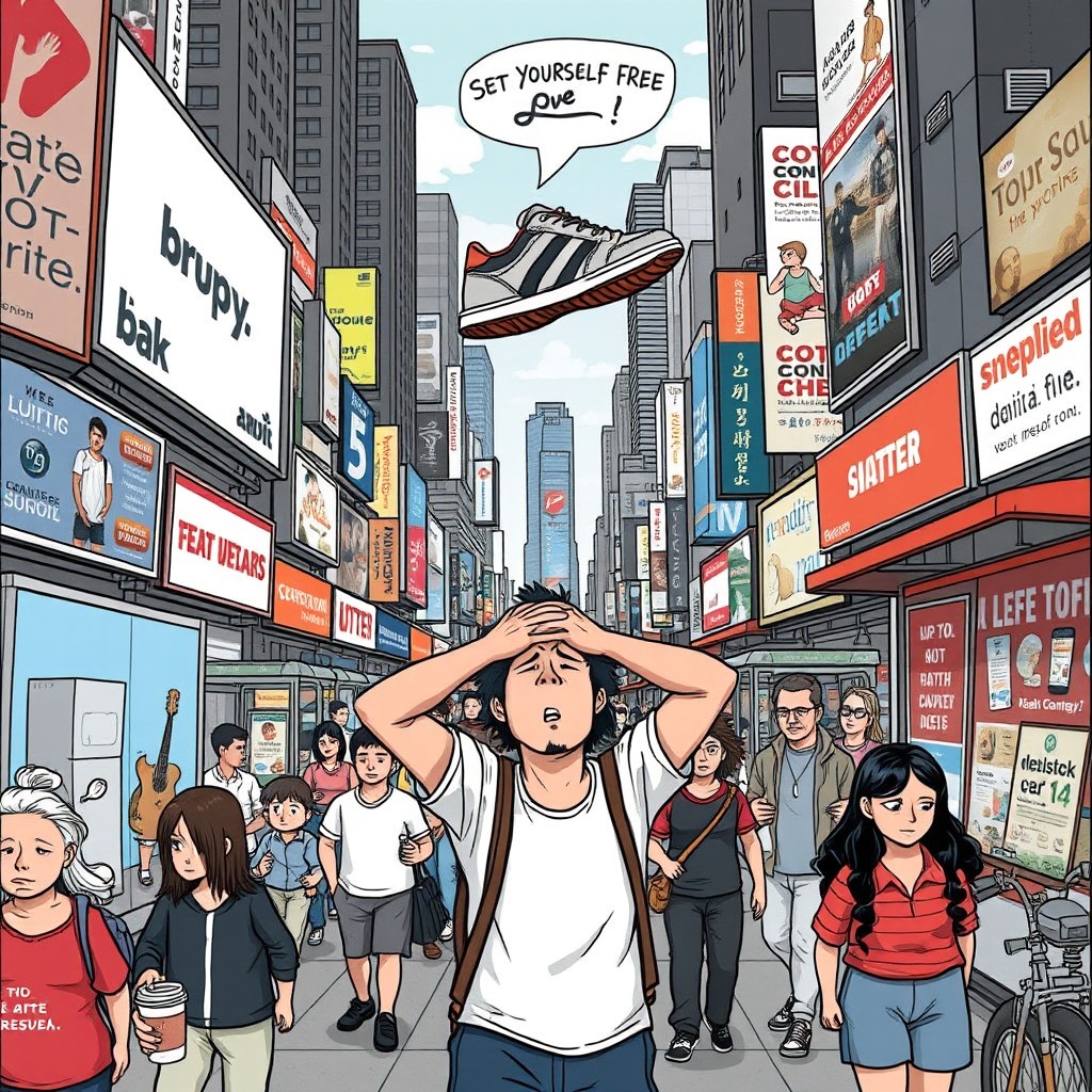 A surreal illustration of a modern city street overwhelmed by an excessive amount of advertisements