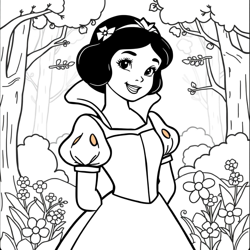 A coloring page featuring Snow White, the classic fairytale princess, depicted in a simple, line-art style