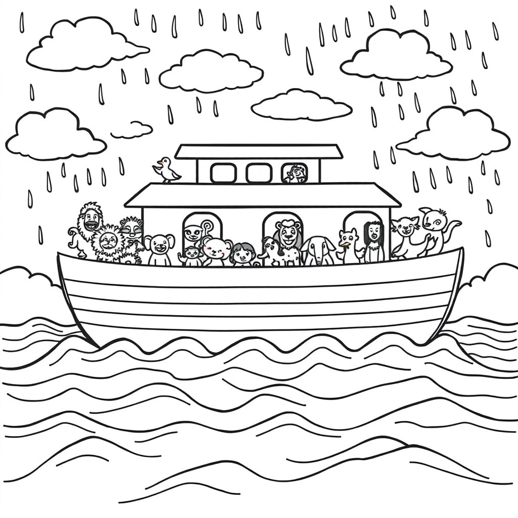 A coloring page depicting the Great Flood scene with Noah's Ark