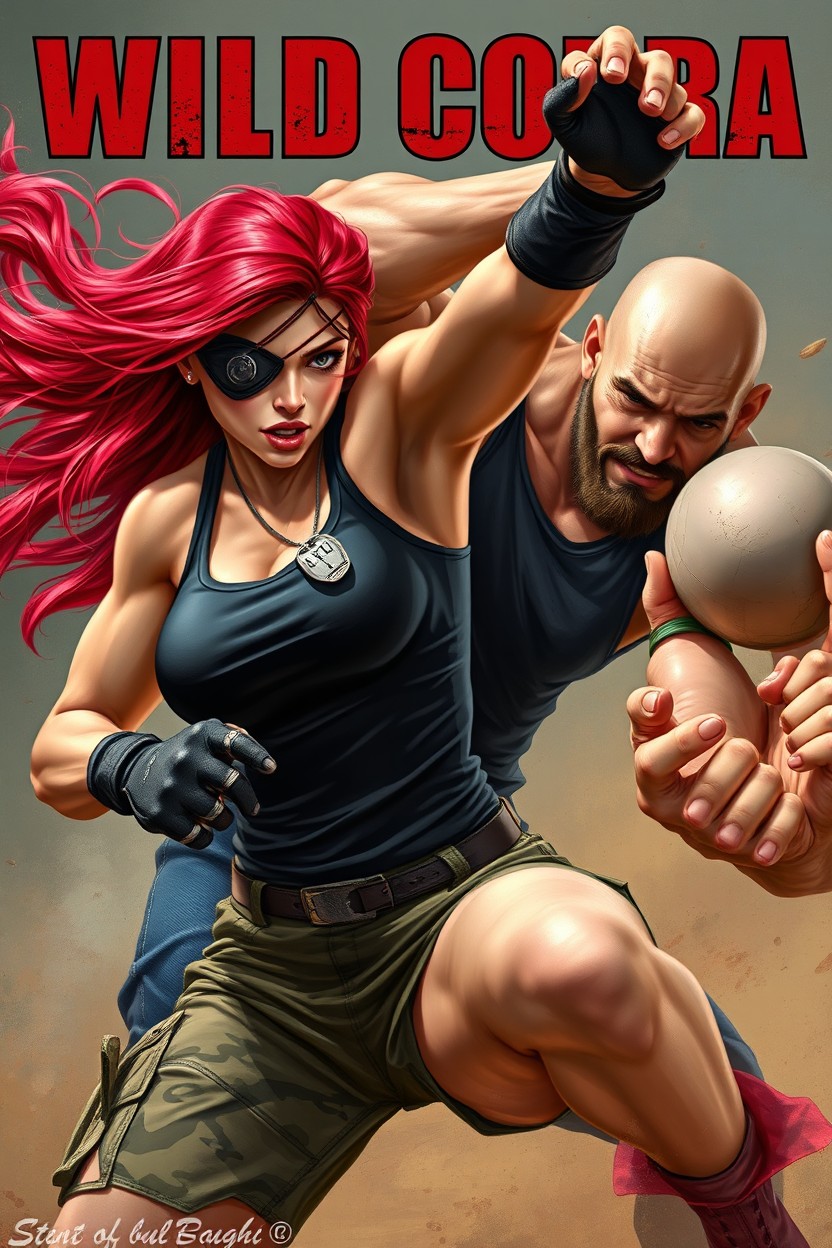 A vibrant painting art-style image depicting a beautiful and very athletic red-haired woman with long hair flowing freely in the air, showcasing her intense action
