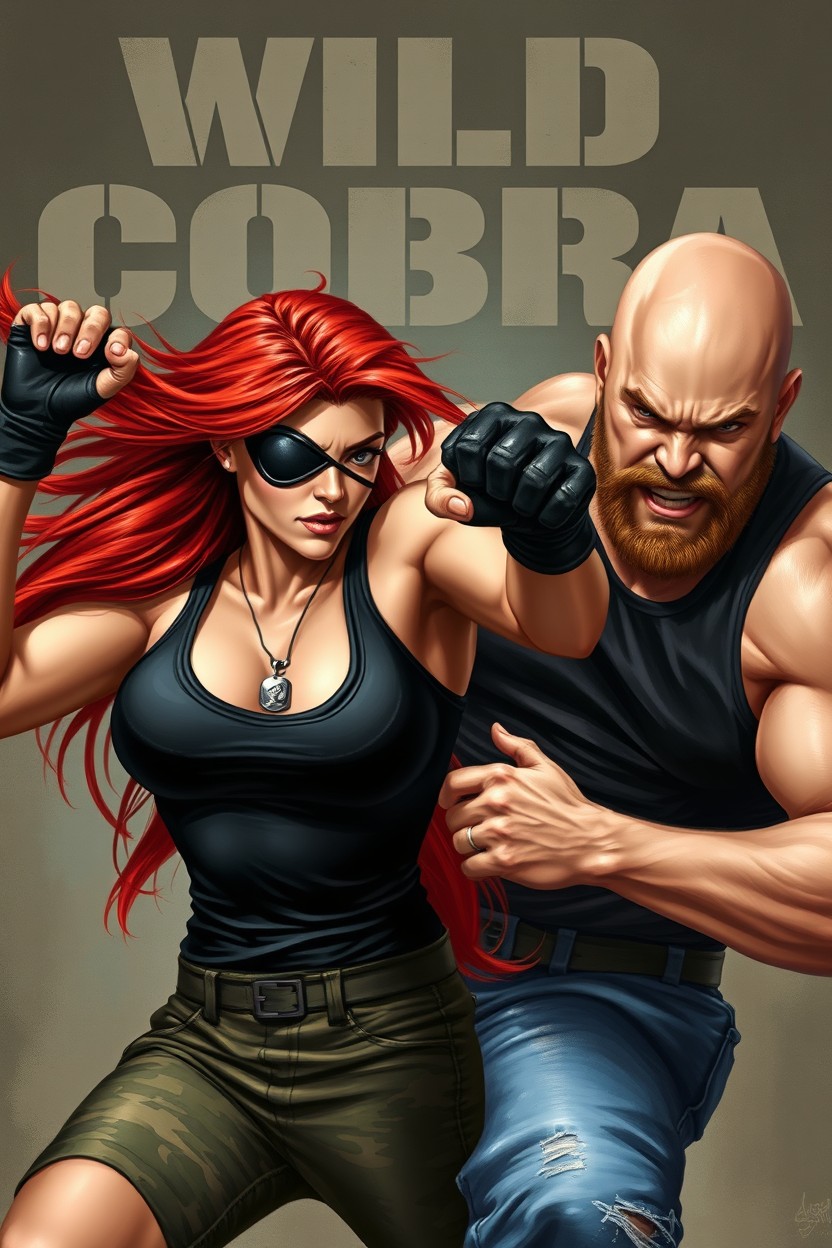 A striking painting art-style image portraying a beautiful and very athletic red-haired woman with long hair flowing freely in the air