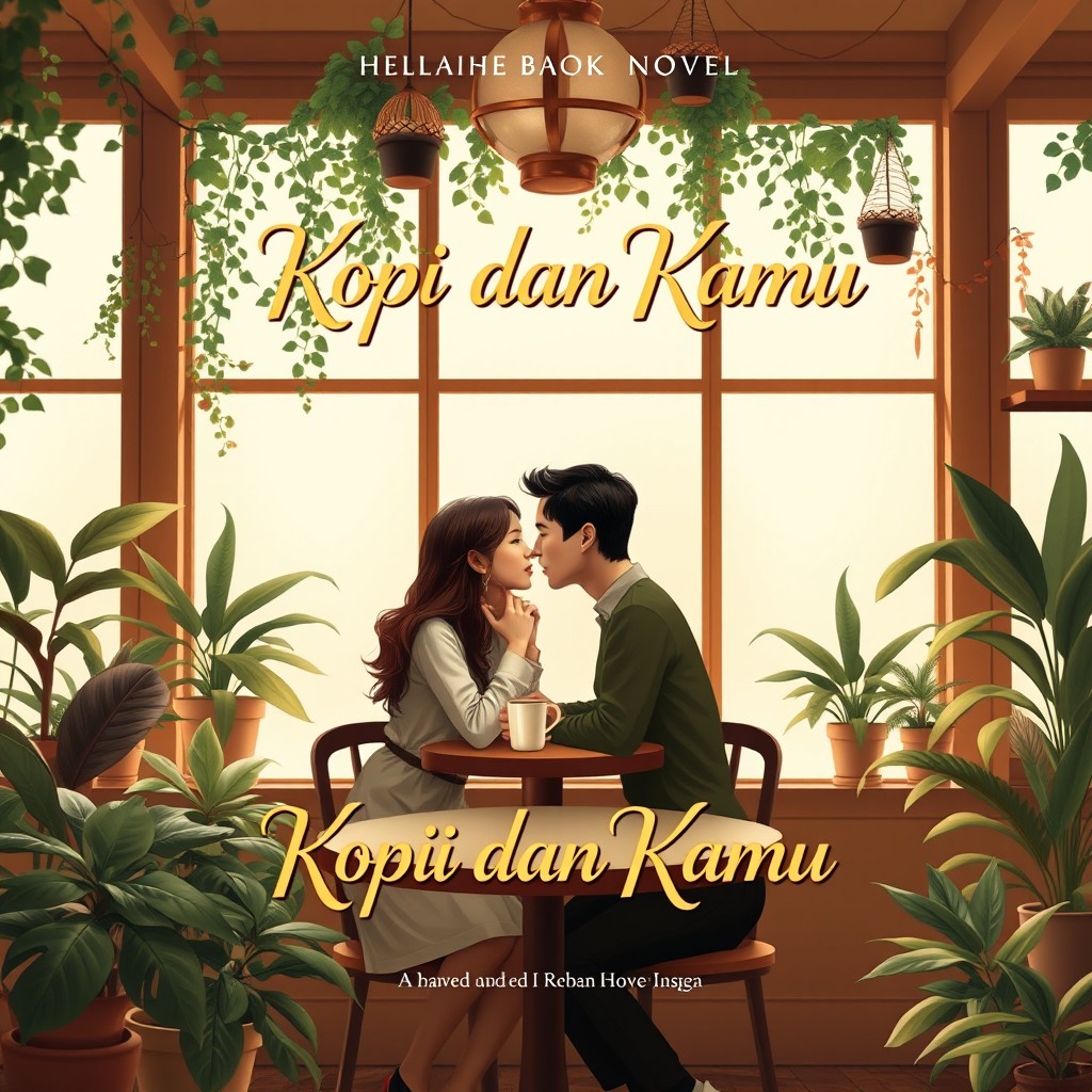 A warm and romantic novel cover titled 'Kopi dan Kamu', featuring a cozy café setting with large windows allowing natural light to flood the space
