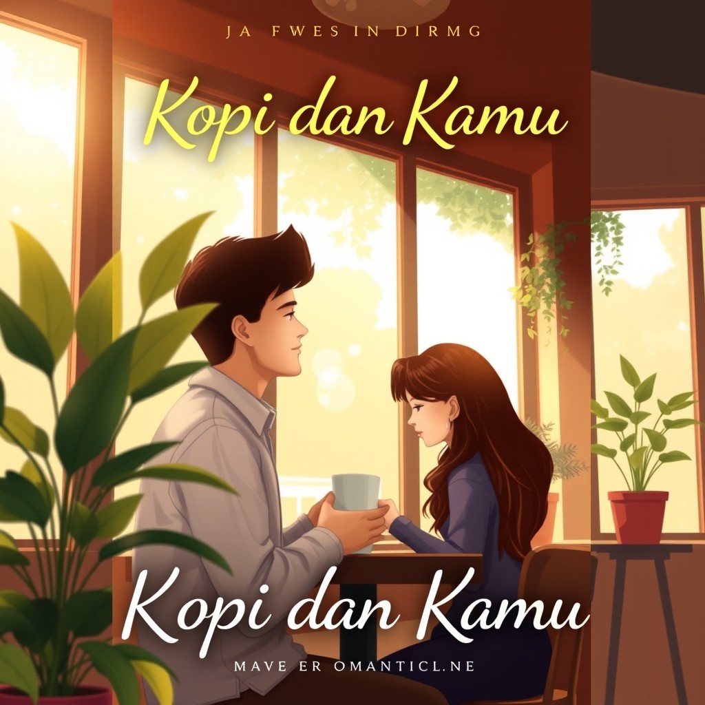 A romantic novel cover for 'Kopi dan Kamu' featuring a couple in love, sharing a moment in a cozy café setting