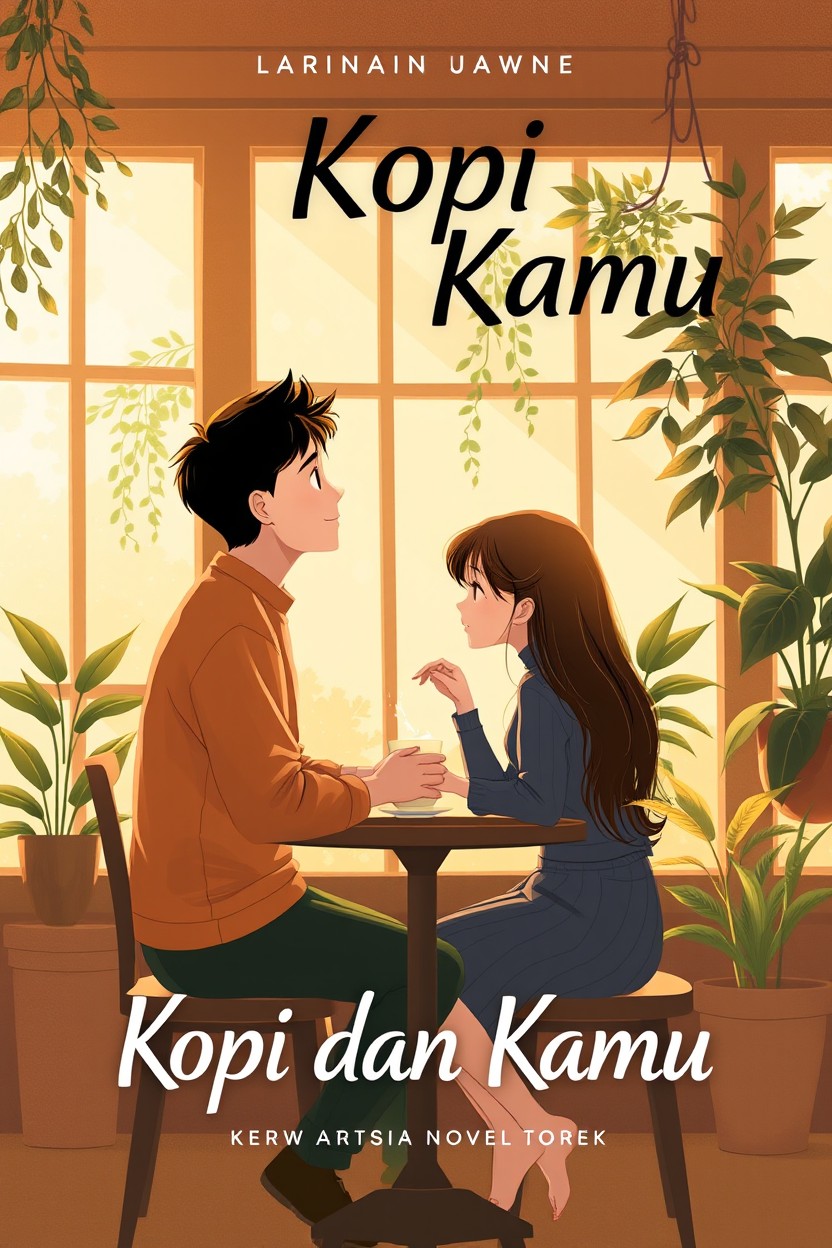 A romantic novel cover for "Kopi dan Kamu" featuring a realistic illustration of a couple in love