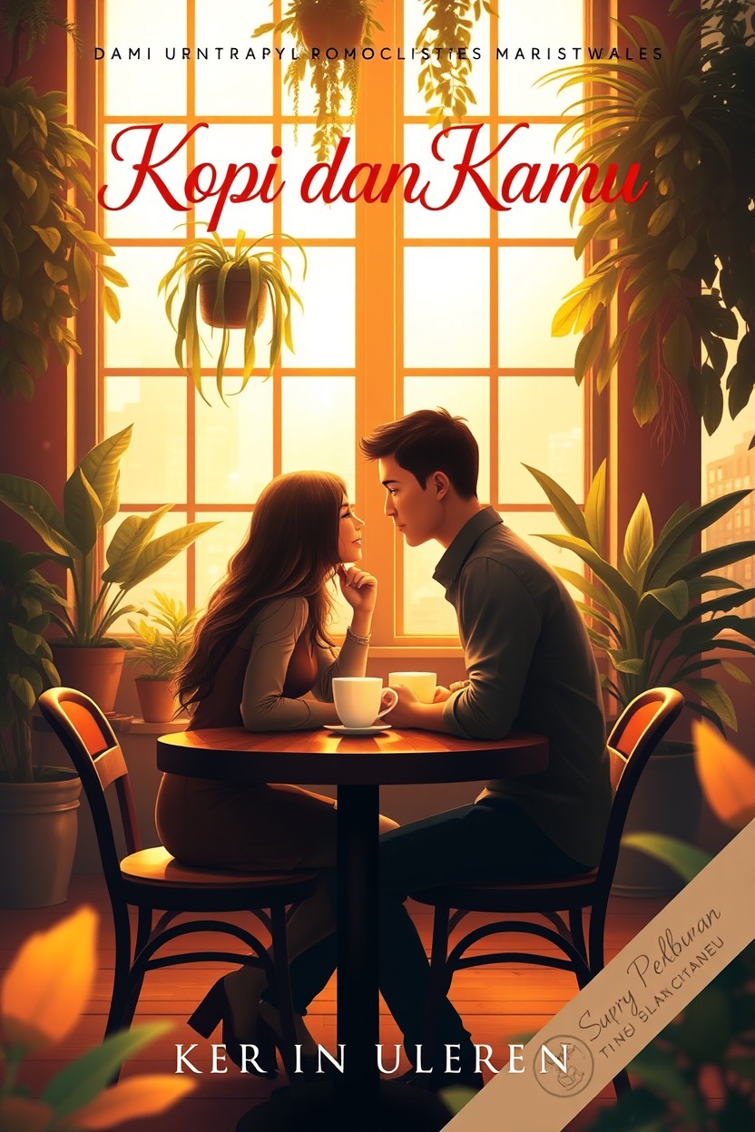 A romantic novel cover titled 'Kopi dan Kamu', featuring a couple in love sitting at a cozy cafe table, surrounded by large windows that let in warm, golden light