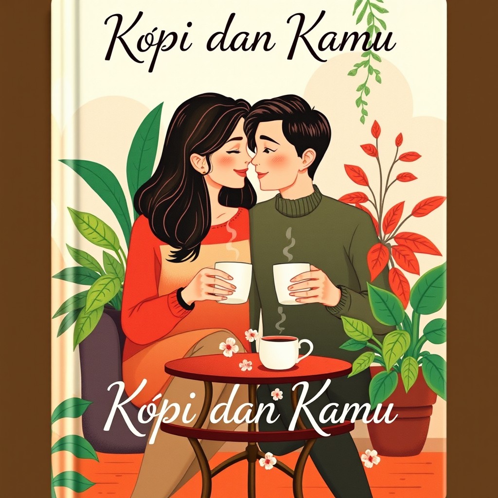A romantic novel cover titled 'Kopi dan Kamu', featuring a beautifully illustrated pair of lovers, sitting closely together, sharing an intimate moment over steaming cups of coffee