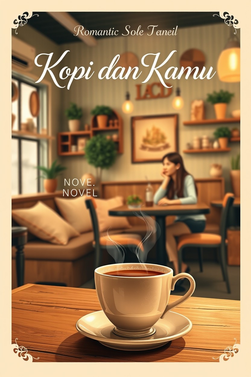 A romantic novel cover titled 'Kopi dan Kamu', featuring a cozy café setting with warm lighting