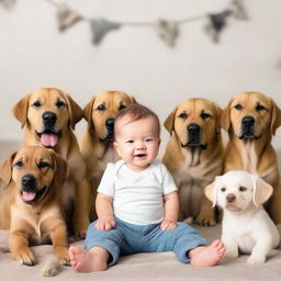 A joyful newborn baby boy surrounded by adorable, playful dogs in a cozy, friendly environment.