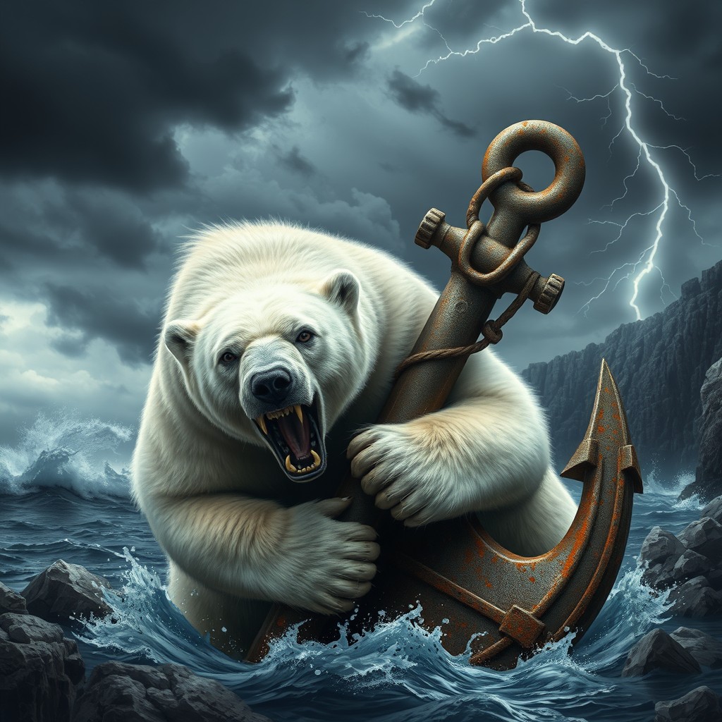An angry polar bear fiercely wrapped around a large, rusted anchor, showcasing its power and intensity