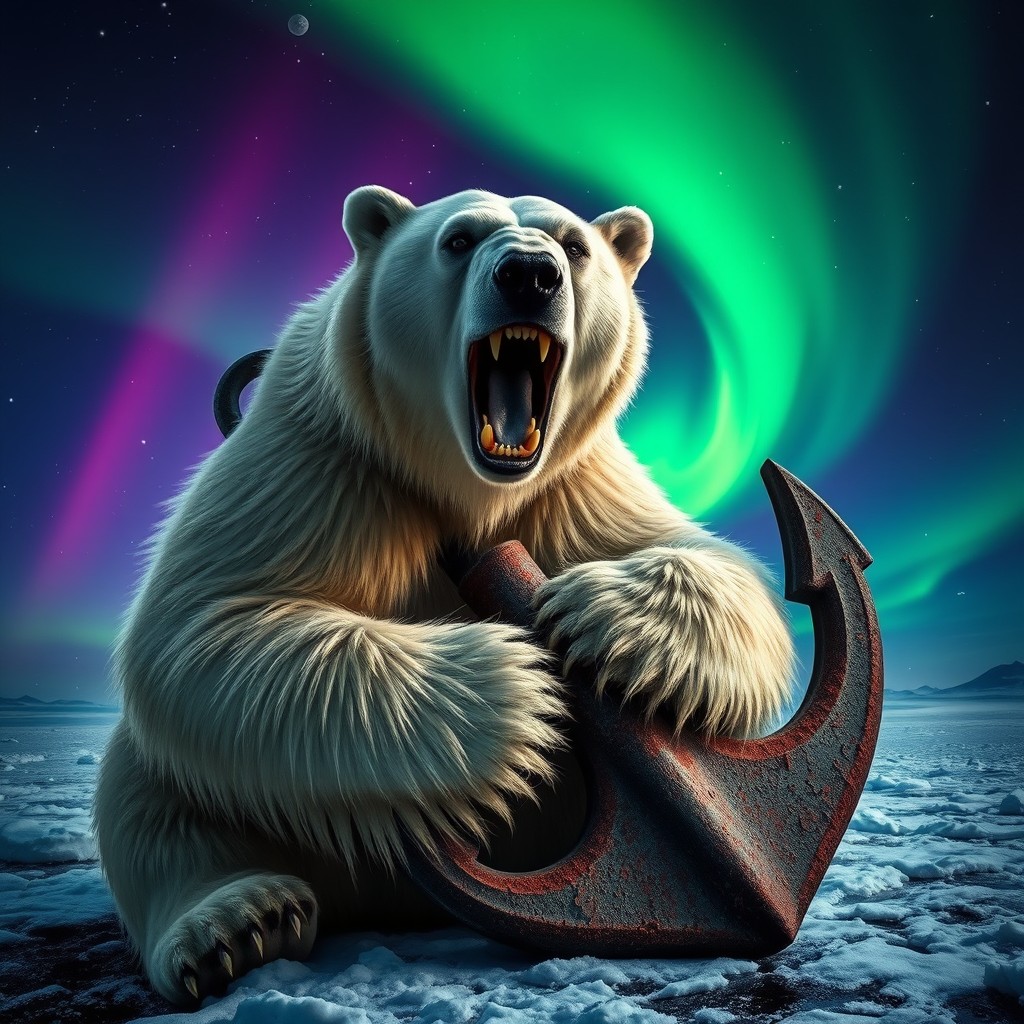 An angry polar bear intensely wrapped around a large, weathered anchor, exuding strength and ferocity