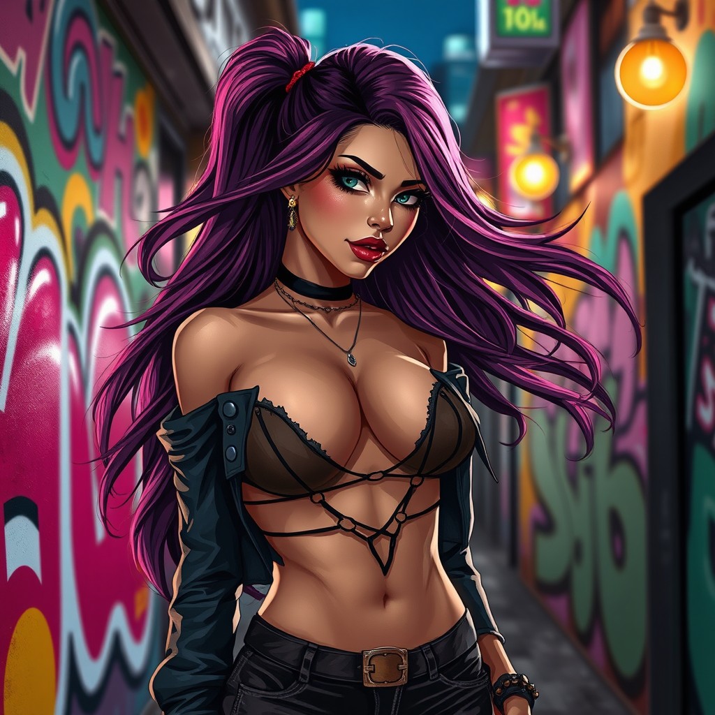 A sultry and captivating female character inspired by the Skilene archetype, exuding confidence and charm