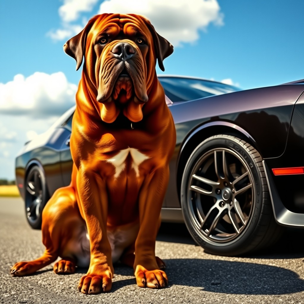 A majestic and powerful Dogue de Bordeaux, often known as a French Mastiff, sitting proudly next to a sleek Dodge Challenger car