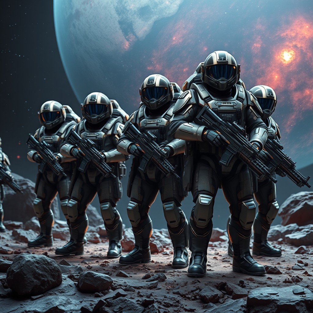 A group of Bundeswehr space marines, clad in futuristic, high-tech armor resembling modern military gear but adapted for space, standing on a rocky extraterrestrial surface