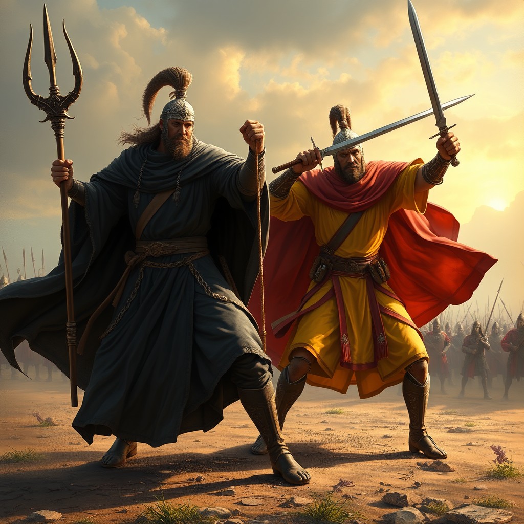 Two emperors engaged in a fierce battle at dawn