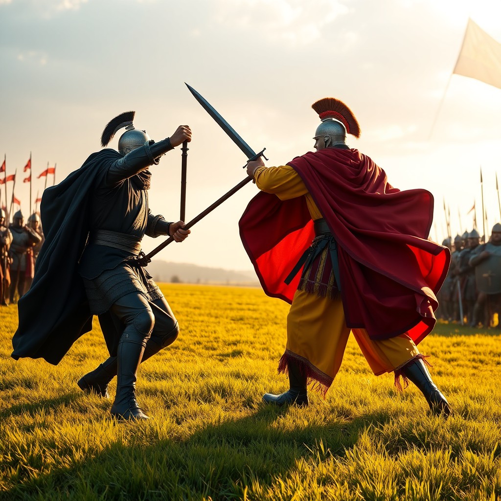 Two European emperors fiercely battling each other on a lush green meadow at dawn