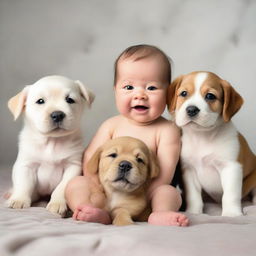 A joyful newborn baby boy surrounded by adorable, playful dogs in a cozy, friendly environment.