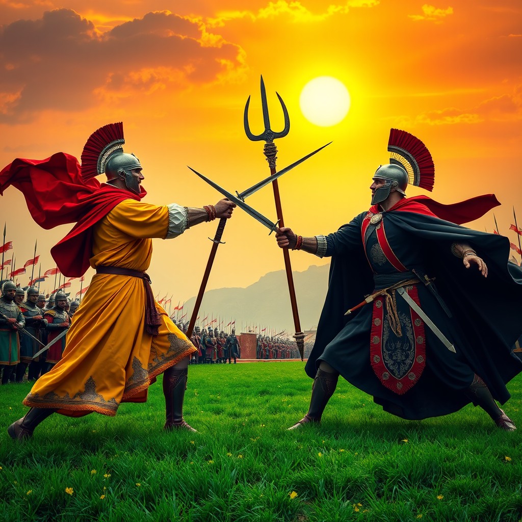 Two European emperors engaged in a fierce duel on a vibrant green field during sunrise