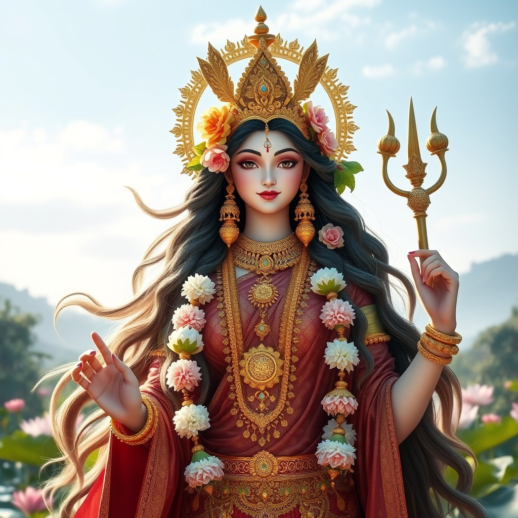 A stunning divine apsara in a traditional setting, adorned with intricate golden jewelry and elaborate garments