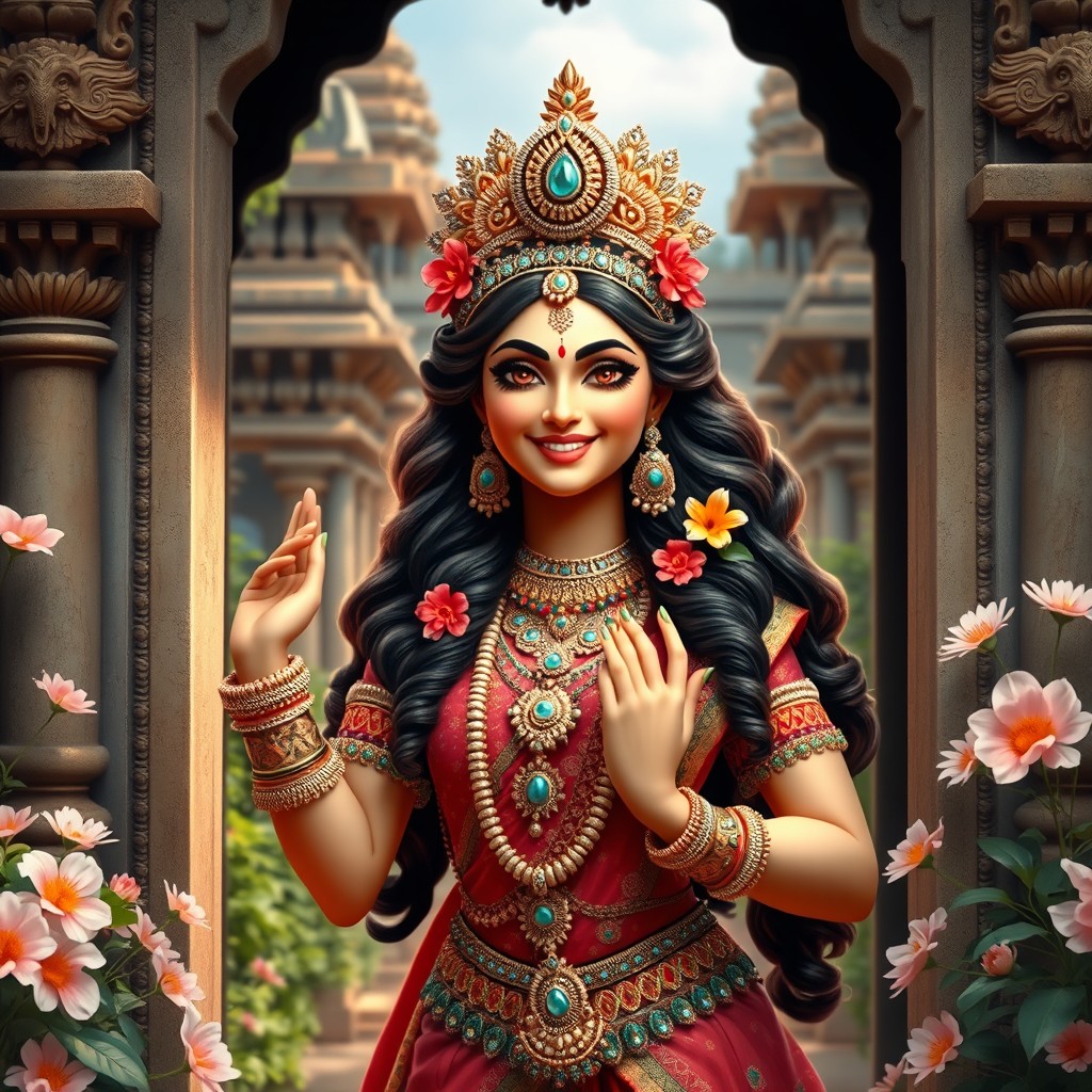 A mesmerizing Sursundari Yakshini emerging from an ornate temple entrance, exuding charm and grace