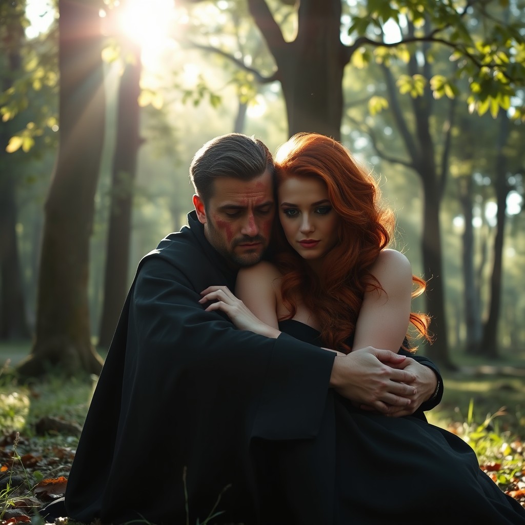 A man with a burnt face, wearing a black cloak, has a sorrowful expression while sitting in the morning sunlight under a tree in a serene forest