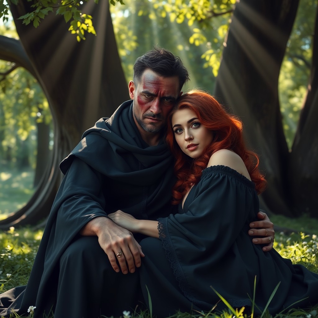 A man with a burnt face, dressed in a flowing black cloak and wearing a sorrowful expression, sits in the morning light of a lush forest under a large tree