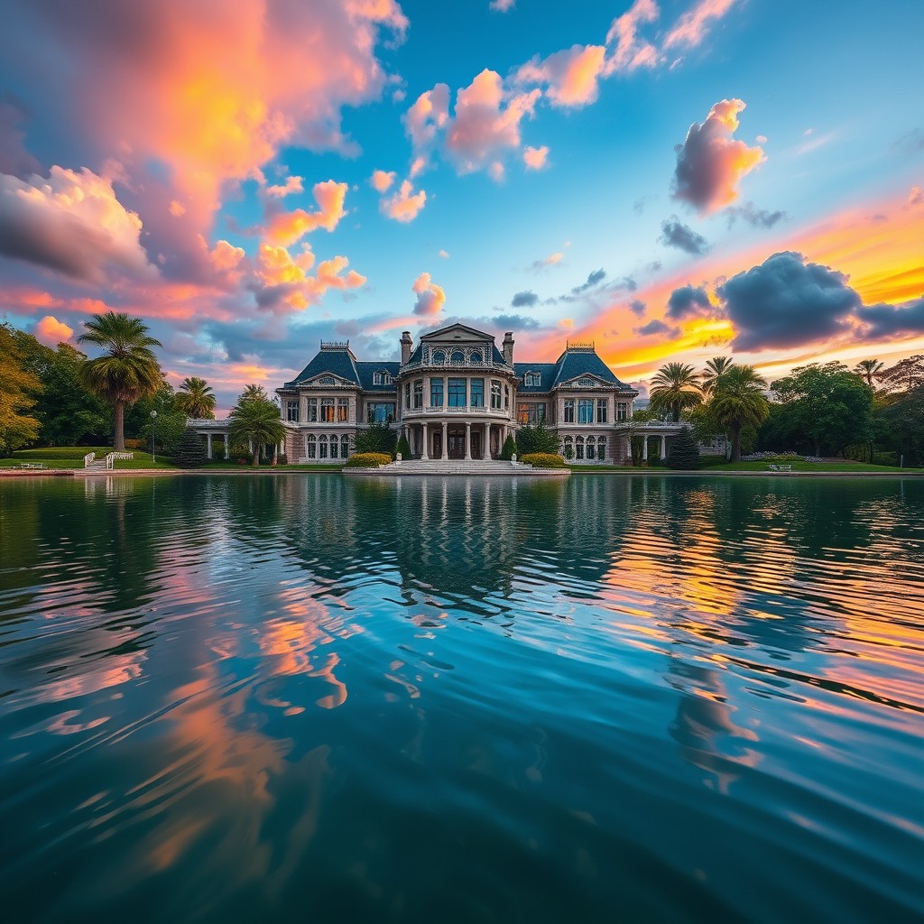 A stunning lake reflecting the vibrant colors of a sunset behind an opulent mansion