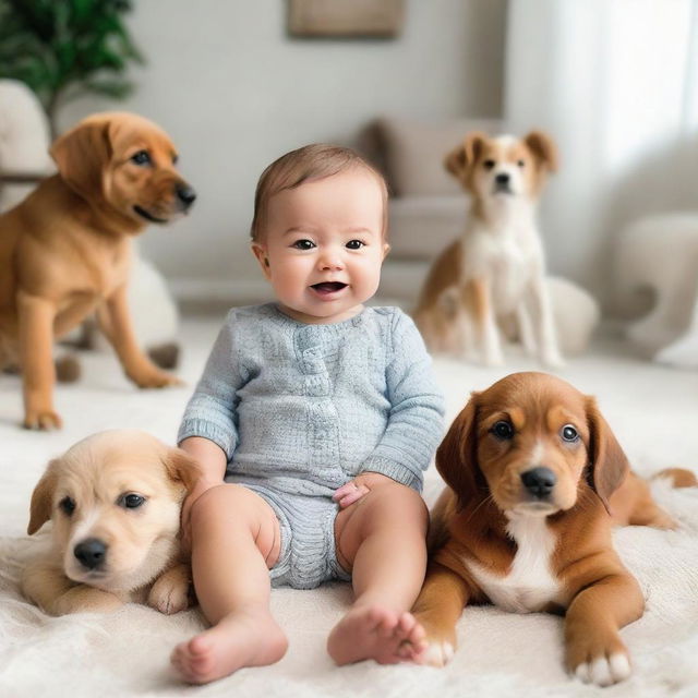 A joyful newborn baby boy surrounded by adorable, playful dogs in a cozy, friendly environment.