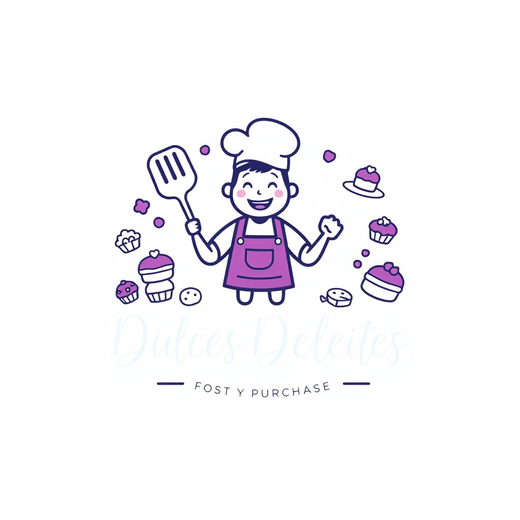 A minimalistic and playful logo design for 'Dulces Deleites', showcasing a cheerful half-body baker character holding a pastry utensil, surrounded by colorful pastries, cakes, and desserts