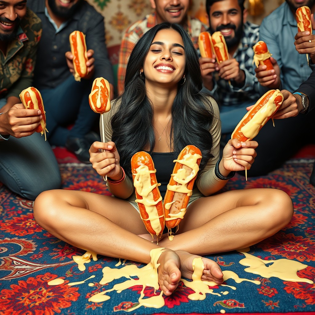 A hot Pakistani young woman, 18 years old, sitting criss cross on a vibrant colorful rug, smiling blissfully with her eyes closed