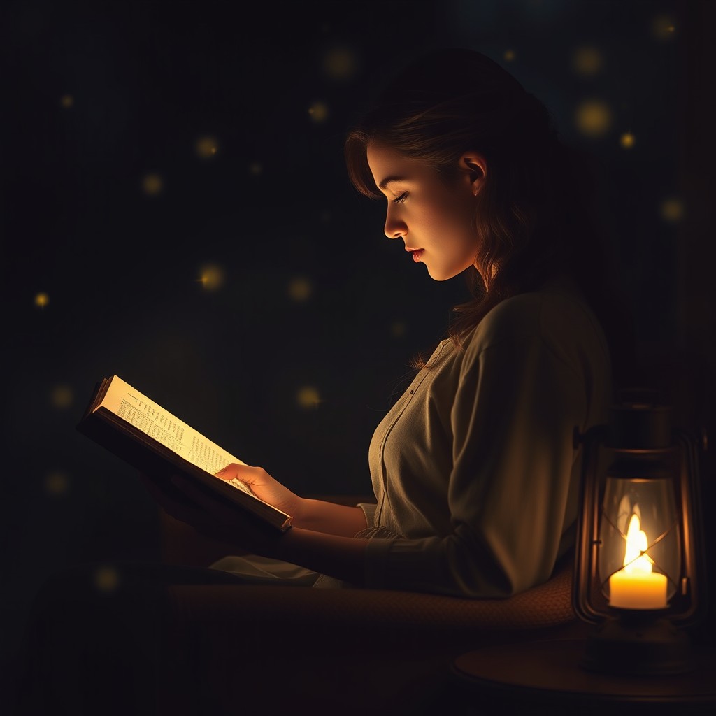 A young woman in side profile, facing from left to right, deeply engrossed in a book